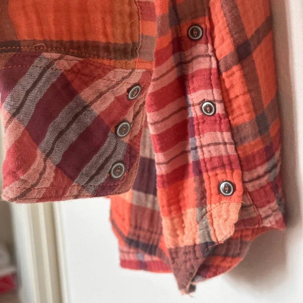 Free People Orange Plaid Cotton‎ Gauze Button Down Shirt Oversized XS